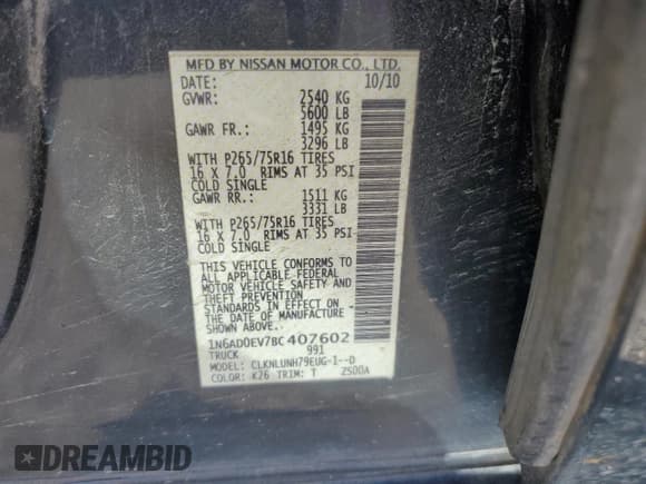 ✅ 2011 Nissan Frontier Pro-4X • VIN: 1N6AD0EV7BC407602 • Lot: 86077835. Listed on Copart with 190,876 mi. Free auction sales archive from the USA and detailed vehicle history report at DreamBid. Image 12.