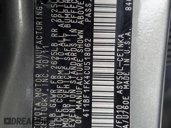 2012 Toyota Camry SE с VIN 4T1BF1FK4CU518062, выставлен на аукционе Copart как лот 82043655 с пробегом 199 676 миль миль и На запчасти • Non repairable. История ставок и продаж доступна на DreamBid. Изображение 12.