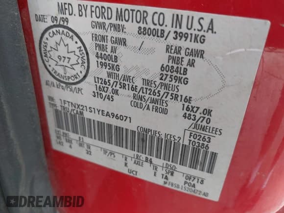 ✅ 2000 Ford F-250 XL • VIN: 1FTNX21S1YEA96071 • Lot: 41480248. Listed on IAAI with 240,009 mi. Free auction sales archive from the USA and detailed vehicle history report at DreamBid. Image 9.