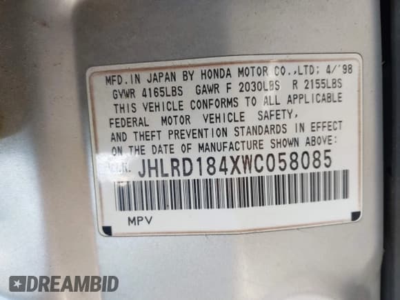 ✅ 1998 Honda CR-V LX • VIN: JHLRD184XWC058085 • Lot: 42797123. Wystawiony na IAAI z przebiegiem 297 475 mil. Bezpłatny archiwum sprzedaży aukcyjnych z USA i szczegółowy raport historii pojazdu na DreamBid. Zdjęcie 9.