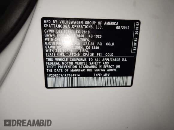 ✅ 2019 Volkswagen Atlas SE • VIN: 1V2DR2CA1KC594914 • Lot: 91724675. Listed on Copart with 49,526 mi. Free auction sales archive from the USA and detailed vehicle history report at DreamBid. Image 13.