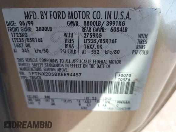 ✅ 1999 Ford F-250 XL • VIN: 1FTNX20S8XEE94457 • Lot: 43350984. Listed on IAAI with 117,657 mi. Free auction sales archive from the USA and detailed vehicle history report at DreamBid. Image 9.