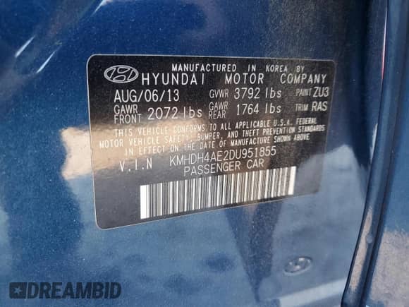 2013 Hyundai Elantra Limited with VIN KMHDH4AE2DU951855, listed as a Copart auction lot 80449865 with 147,507 mi miles and Salvage title. Bid and sale history available at DreamBid. Image 12.