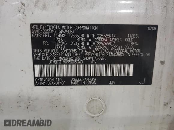 ✅ 2009 Toyota RAV4 Limited • VIN: JTMBF31VX95005340 • Lot: 73038864. Listed on Copart with 175,251 mi. Free auction sales archive from the USA and detailed vehicle history report at DreamBid. Image 13.