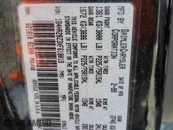 ✅ 1999 Dodge Durango • VIN: 1B4HR28Z3XF618019 • Lot: 61286655. Wystawiony na Copart z przebiegiem 210 992 mil. Bezpłatny archiwum sprzedaży aukcyjnych z USA i szczegółowy raport historii pojazdu na DreamBid. Zdjęcie 13.