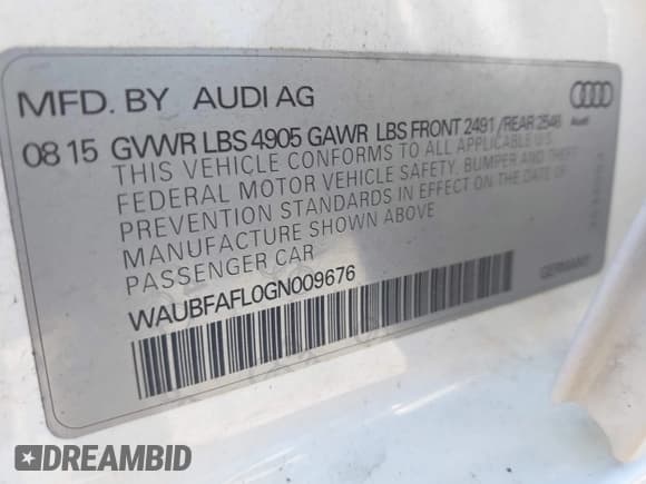 ✅ 2016 Audi A4 Premium • VIN: WAUBFAFL0GN009676 • Lot: 43052829. Listed on IAAI with 107,841 mi. Free auction sales archive from the USA and detailed vehicle history report at DreamBid. Image 9.