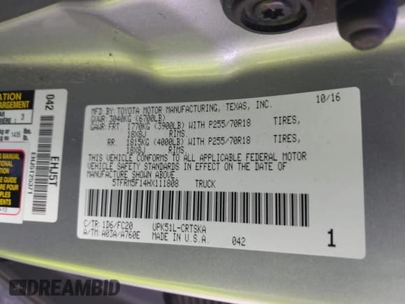 ✅ 2017 Toyota Tundra SR • VIN: 5TFRM5F14HX111808 • Lot: 43317955. Wystawiony na IAAI z przebiegiem 169 224 mil. Bezpłatny archiwum sprzedaży aukcyjnych z USA i szczegółowy raport historii pojazdu na DreamBid. Zdjęcie 9.