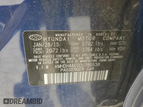 ✅ 2013 Hyundai Elantra GLS • VIN: KMHDH4AE0DU780538 • Lot: 87419585. Listed on Copart with 103,227 mi. Free auction sales archive from the USA and detailed vehicle history report at DreamBid. Image 12.