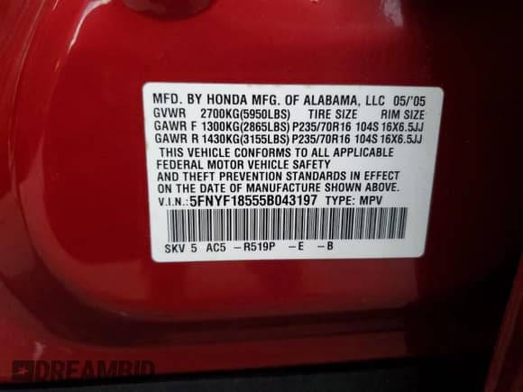 ✅ 2005 Honda Pilot EX-L • VIN: 5FNYF18555B043197 • Lot: 92241975. Wystawiony na Copart z przebiegiem 142 436 mil. Bezpłatny archiwum sprzedaży aukcyjnych z USA i szczegółowy raport historii pojazdu na DreamBid. Zdjęcie 13.