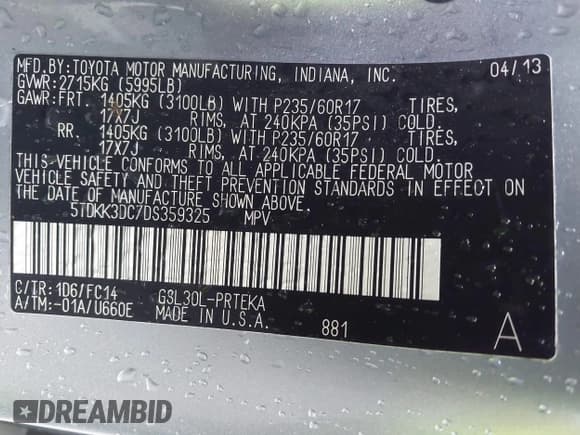 ✅ 2013 Toyota Sienna LE • VIN: 5TDKK3DC7DS359325 • Lot: 43704862. Listed on IAAI with 78,896 mi. Free auction sales archive from the USA and detailed vehicle history report at DreamBid. Image 9.