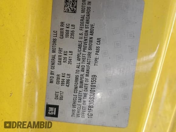 ✅ 2018 Chevrolet Camaro 1LT • VIN: 1G1FB3DS3J0101559 • Lot: 64034375. Listed on Copart with 91,046 mi. Free auction sales archive from the USA and detailed vehicle history report at DreamBid. Image 12.