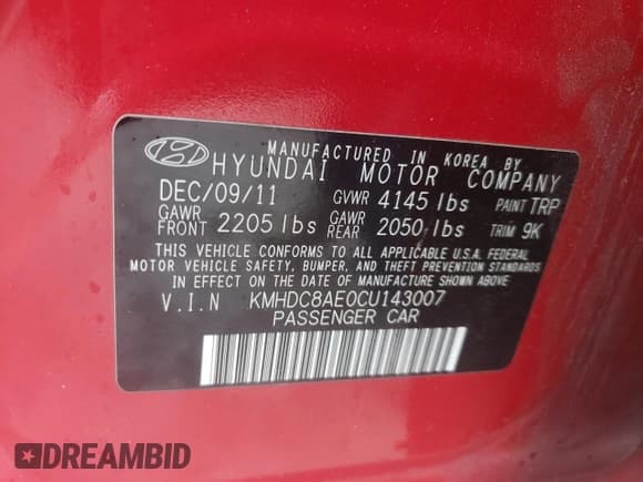 ✅ 2012 Hyundai Elantra SE • VIN: KMHDC8AE0CU143007 • Lot: 90085315. Listed on Copart with 69,369 mi. Free auction sales archive from the USA and detailed vehicle history report at DreamBid. Image 13.