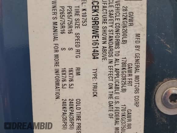 1998 Chevrolet Silverado 1500 with VIN 1GCEK19R0WE161404, listed as a Copart auction lot 85154085 with 78,145 mi miles and Clean title. Bid and sale history available at DreamBid. Image 12.