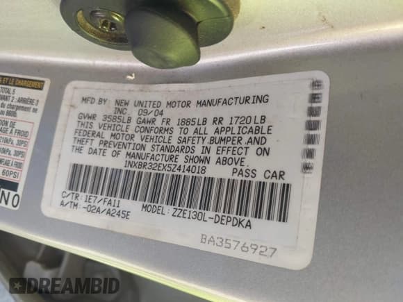 ✅ 2005 Toyota Corolla CE • VIN: 1NXBR32EX5Z414018 • Lot: 43706759. Listed on IAAI with 226,556 mi. Free auction sales archive from the USA and detailed vehicle history report at DreamBid. Image 9.