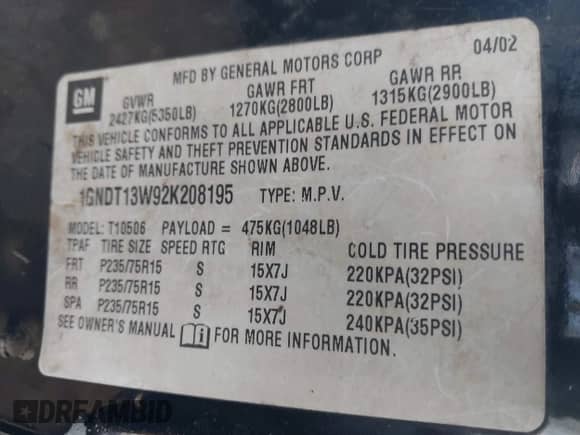 2002 Chevrolet Blazer LS with VIN 1GNDT13W92K208195, listed as a IAAI auction lot 41252604 with 141,235 mi miles and . Bid and sale history available at DreamBid. Image 9.