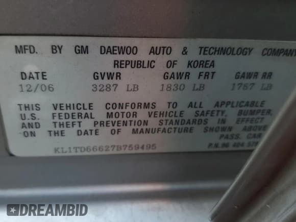 ✅ 2007 Chevrolet Aveo LS • VIN: KL1TD66627B759495 • Lot: 59840455. Wystawiony na Copart z przebiegiem 95 210 mil. Bezpłatny archiwum sprzedaży aukcyjnych z USA i szczegółowy raport historii pojazdu na DreamBid. Zdjęcie 12.