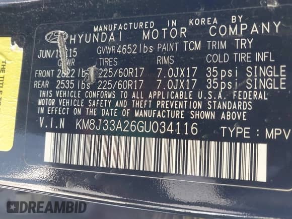 2016 Hyundai Tucson Limited z VIN KM8J33A26GU034116, wystawiony jako IAAI lot #42031418 z przebiegiem 133 179 mil mil oraz . Historia ofert i sprzedaży dostępna na DreamBid. Obrazek 9.