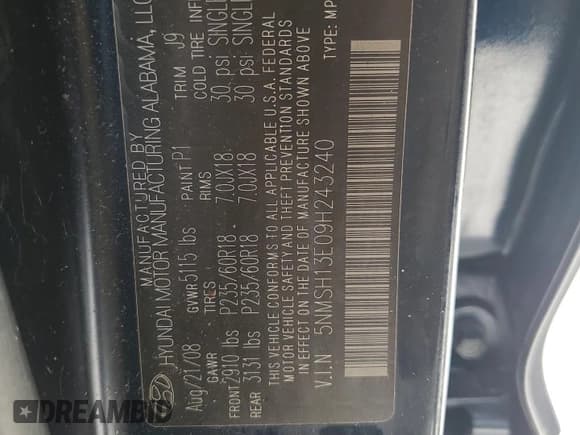 ✅ 2009 Hyundai Santa Fe Limited • VIN: 5NMSH13E09H243240 • Lot: 71191495. Listed on Copart with Not provided. Free auction sales archive from the USA and detailed vehicle history report at DreamBid. Image 13.