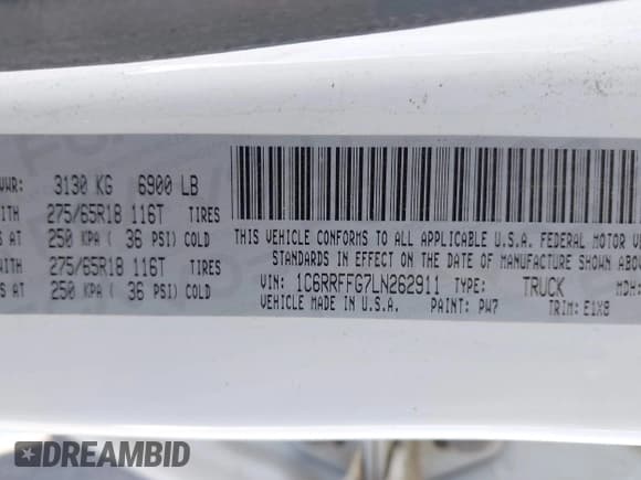 ✅ 2020 Ram 1500 Big Horn • VIN: 1C6RRFFG7LN262911 • Lot: 42188498. Listed on IAAI with 152,194 mi. Free auction sales archive from the USA and detailed vehicle history report at DreamBid. Image 9.