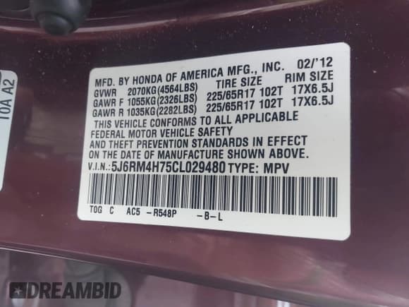 ✅ 2012 Honda CR-V EX-L • VIN: 5J6RM4H75CL029480 • Lot: 43478042. Listed on IAAI with 185,212 mi. Free auction sales archive from the USA and detailed vehicle history report at DreamBid. Image 9.