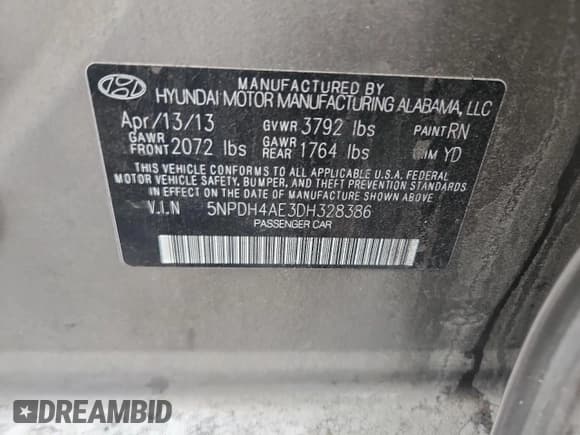 ✅ 2013 Hyundai Elantra GLS • VIN: 5NPDH4AE3DH328386 • Lot: 92044875. Listed on Copart with 130,644 mi. Free auction sales archive from the USA and detailed vehicle history report at DreamBid. Image 13.