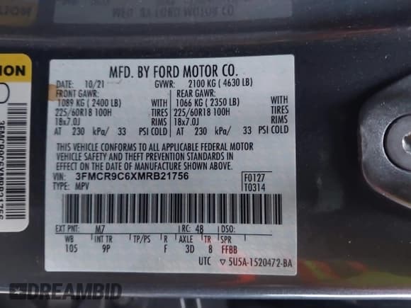 ✅ 2021 Ford Bronco Sport Outer Banks • VIN: 3FMCR9C6XMRB21756 • Lot: 43586811. Listed on IAAI with 101,965 mi. Free auction sales archive from the USA and detailed vehicle history report at DreamBid. Image 9.