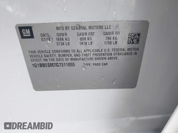 ✅ 2016 Chevrolet Cruze LS • VIN: 1G1BB5SM7G7311855 • Lot: 42708491. Listed on IAAI with 74,108 mi. Free auction sales archive from the USA and detailed vehicle history report at DreamBid. Image 9.