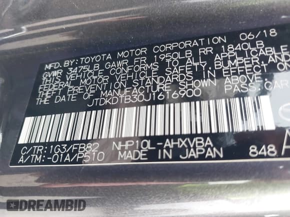 ✅ 2018 Toyota Prius Three • VIN: JTDKDTB30J1616900 • Lot: 43476204. Listed on IAAI with 90,619 mi. Free auction sales archive from the USA and detailed vehicle history report at DreamBid. Image 9.