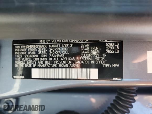 ✅ 2017 Volvo XC60 Dynamic • VIN: YV440MRR8H2168850 • Lot: 61555725. Listed on Copart with 71,467 mi. Free auction sales archive from the USA and detailed vehicle history report at DreamBid. Image 13.