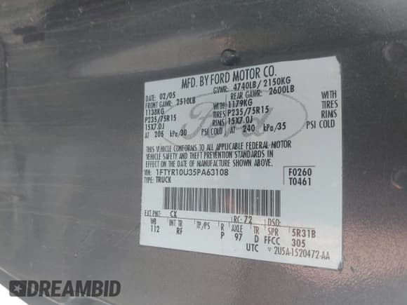 ✅ 2005 Ford Ranger XL • VIN: 1FTYR10U35PA63108 • Lot: 41493348. Listed on IAAI with 160,120 mi. Free auction sales archive from the USA and detailed vehicle history report at DreamBid. Image 9.