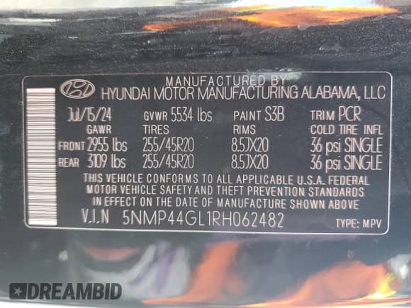 2024 Hyundai Santa Fe Limited z VIN 5NMP44GL1RH062482, wystawiony jako Copart lot #64969995 z przebiegiem 11 636 mil mil oraz Szkoda całkowita • Salvage title. Historia ofert i sprzedaży dostępna na DreamBid. Obrazek 14.