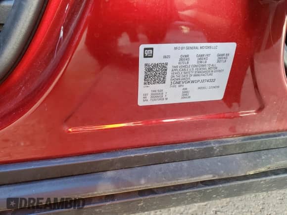 2023 Chevrolet Traverse LT Cloth with VIN 1GNEVGKW1PJ274322, listed as a Copart auction lot 84922465 with 16,165 mi miles and Salvage title. Bid and sale history available at DreamBid. Image 14.