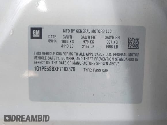 ✅ 2015 Chevrolet Cruze LT • VIN: 1G1PE5SBXF7102376 • Lot: 43539104. Listed on IAAI with 83,547 mi. Free auction sales archive from the USA and detailed vehicle history report at DreamBid. Image 9.