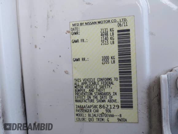 ✅ 2011 Nissan Maxima SV • VIN: 1N4AA5AP5BC862129 • Lot: 43612708. Listed on IAAI with 129,173 mi. Free auction sales archive from the USA and detailed vehicle history report at DreamBid. Image 9.