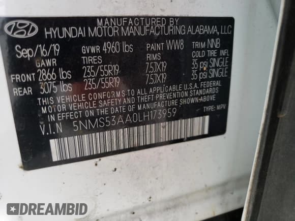 ✅ 2020 Hyundai Santa Fe Limited • VIN: 5NMS53AA0LH173959 • Лот: 39062383. Опубликован ранее на Copart с пробегом 66 564 миль. Бесплатный доступ к архиву аукционных продаж из США и подробный отчёт об истории автомобиля на DreamBid. Изображение 16.