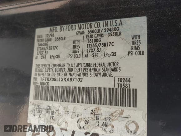 ✅ 1999 Ford F-150 XL • VIN: 1FTRX08L1XKA87102 • Lot: 43033967. Listed on IAAI with Not provided. Free auction sales archive from the USA and detailed vehicle history report at DreamBid. Image 9.