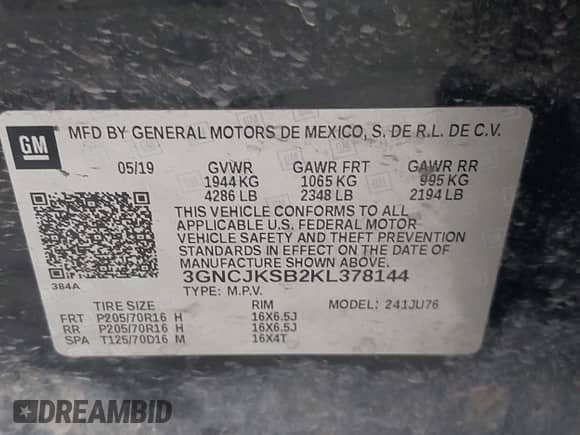 2019 Chevrolet Trax LS with VIN 3GNCJKSB2KL378144, listed as a IAAI auction lot 43036245 with 75,032 mi miles and . Bid and sale history available at DreamBid. Image 9.