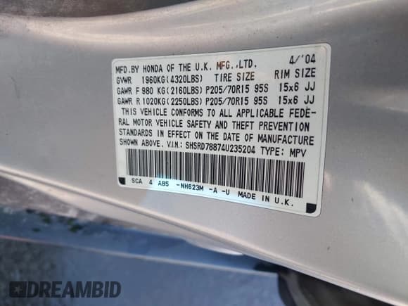 ✅ 2004 Honda CR-V EX • VIN: SHSRD78874U235204 • Lot: 42573784. Listed on IAAI with 109,160 mi. Free auction sales archive from the USA and detailed vehicle history report at DreamBid. Image 9.