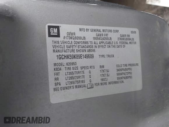 ✅ 2009 Chevrolet Silverado 2500HD LT • VIN: 1GCHK59K89E149609 • Lot: 43060151. Listed on IAAI with 173,885 mi. Free auction sales archive from the USA and detailed vehicle history report at DreamBid. Image 9.