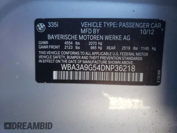 ✅ 2013 BMW 3 Series 335i • VIN: WBA3A9G54DNP36218 • Lot: 65508545. Listed on Copart with 165,957 mi. Free auction sales archive from the USA and detailed vehicle history report at DreamBid. Image 12.