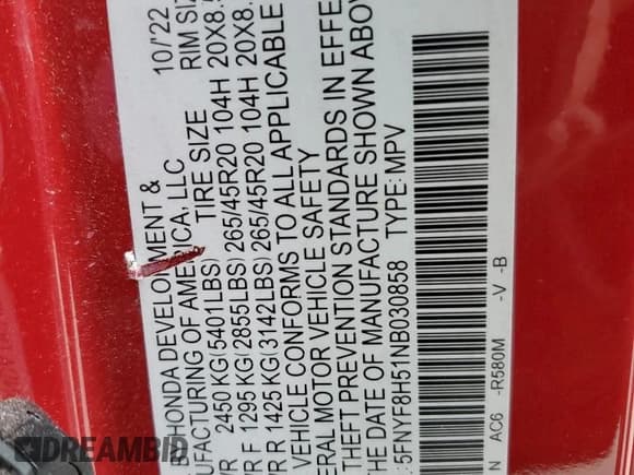 ✅ 2022 Honda Passport EX-L • VIN: 5FNYF8H51NB030858 • Lot: 81727705. Listed on Copart with 30,817 mi. Free auction sales archive from the USA and detailed vehicle history report at DreamBid. Image 13.