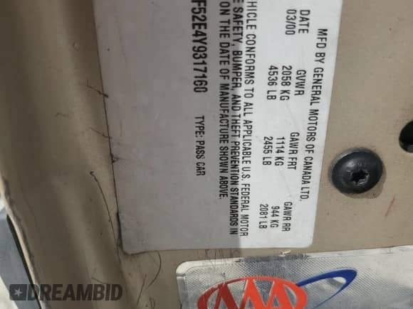 2000 Chevrolet Impala z VIN 2G1WF52E4Y9317160, wystawiony jako Copart lot #70019974 z przebiegiem 212 395 mil mil oraz Szkoda całkowita • Salvage title. Historia ofert i sprzedaży dostępna na DreamBid. Obrazek 12.