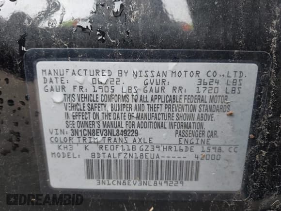 ✅ 2022 Nissan Versa SV • VIN: 3N1CN8EV3NL849229 • Lot: 42315594. Listed on IAAI with 65,188 mi. Free auction sales archive from the USA and detailed vehicle history report at DreamBid. Image 9.