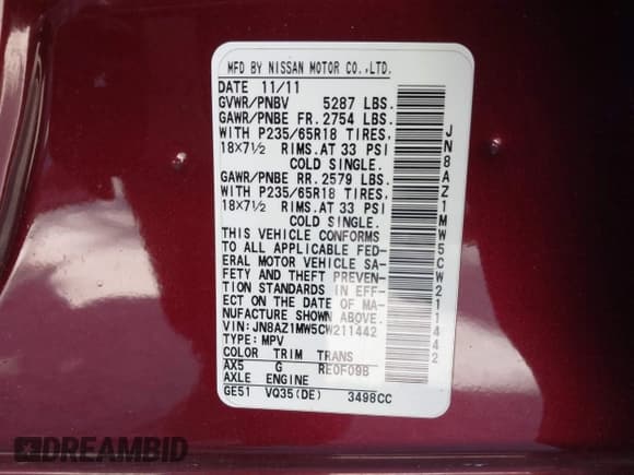 ✅ 2012 Nissan Murano SL • VIN: JN8AZ1MW5CW211442 • Lot: 42304088. Listed on IAAI with 195,937 mi. Free auction sales archive from the USA and detailed vehicle history report at DreamBid. Image 9.