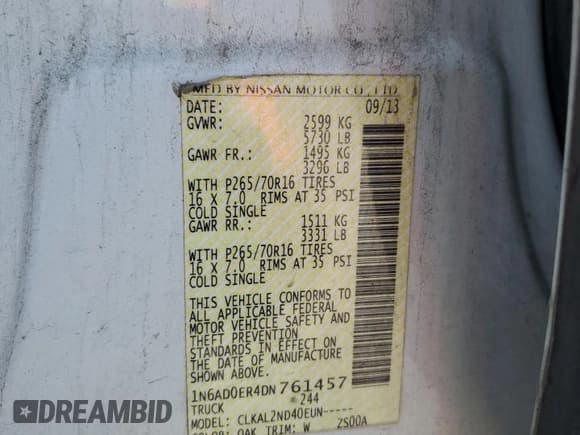 ✅ 2013 Nissan Frontier SL • VIN: 1N6AD0ER4DN761457 • Lot: 58892785. Listed on Copart with 124,108 mi. Free auction sales archive from the USA and detailed vehicle history report at DreamBid. Image 12.