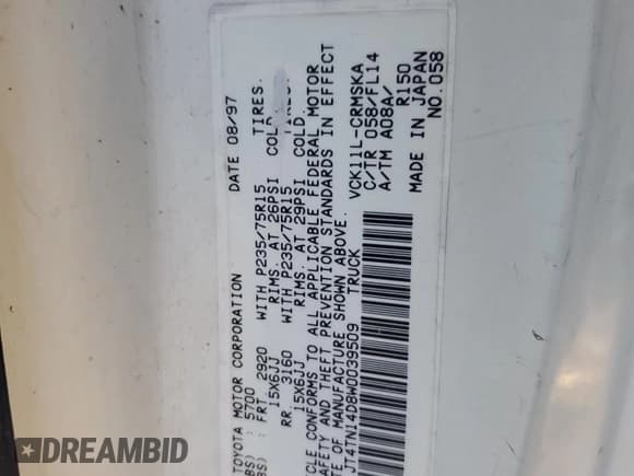 ✅ 1998 Toyota T100 SR5 • VIN: JT4TN14D8W0039509 • Lot: 83712444. Listed on Copart with 274,049 mi. Free auction sales archive from the USA and detailed vehicle history report at DreamBid. Image 12.