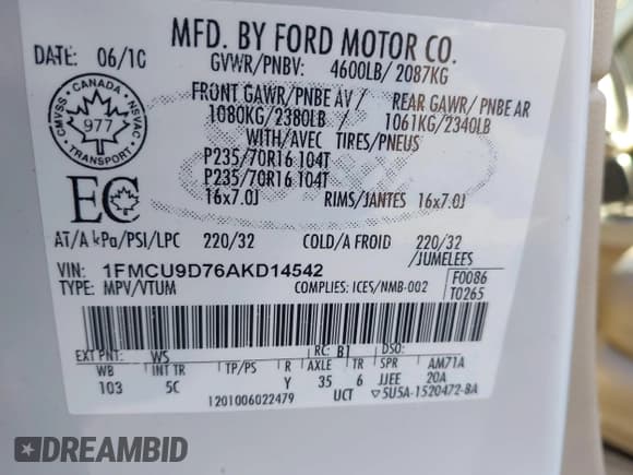 ✅ 2010 Ford Escape XLT • VIN: 1FMCU9D76AKD14542 • Лот: 43469349. Опубликован ранее на IAAI с пробегом 202 601 миль. Бесплатный доступ к архиву аукционных продаж из США и подробный отчёт об истории автомобиля на DreamBid. Изображение 9.