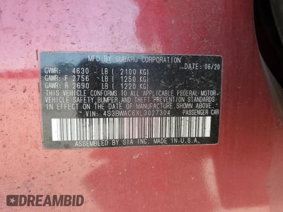 ✅ 2020 Subaru Legacy Premium • VIN: 4S3BWAC6XL3027304 • Lot: 53605345. Listed on Copart with 143,172 mi. Free auction sales archive from the USA and detailed vehicle history report at DreamBid. Image 13.