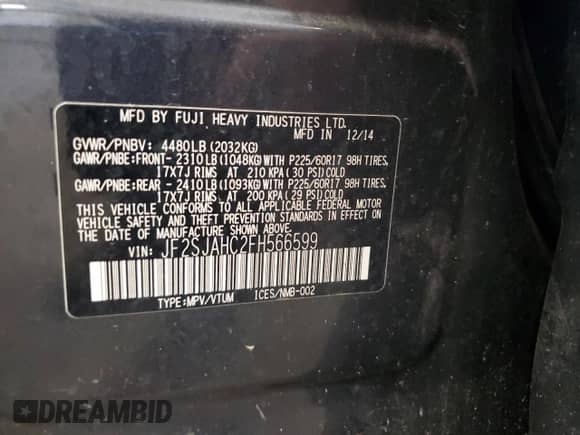 2015 Subaru Forester Limited с VIN JF2SJAHC2FH566599, выставлен на аукционе Copart как лот 70939585 с пробегом 132 030 миль миль и Списание • Salvage title. История ставок и продаж доступна на DreamBid. Изображение 14.