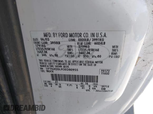 ✅ 2003 Ford F-250 XL • VIN: 1FTNX20L93ED80955 • Lot: 42160315. Listed on IAAI with 311,244 mi. Free auction sales archive from the USA and detailed vehicle history report at DreamBid. Image 9.